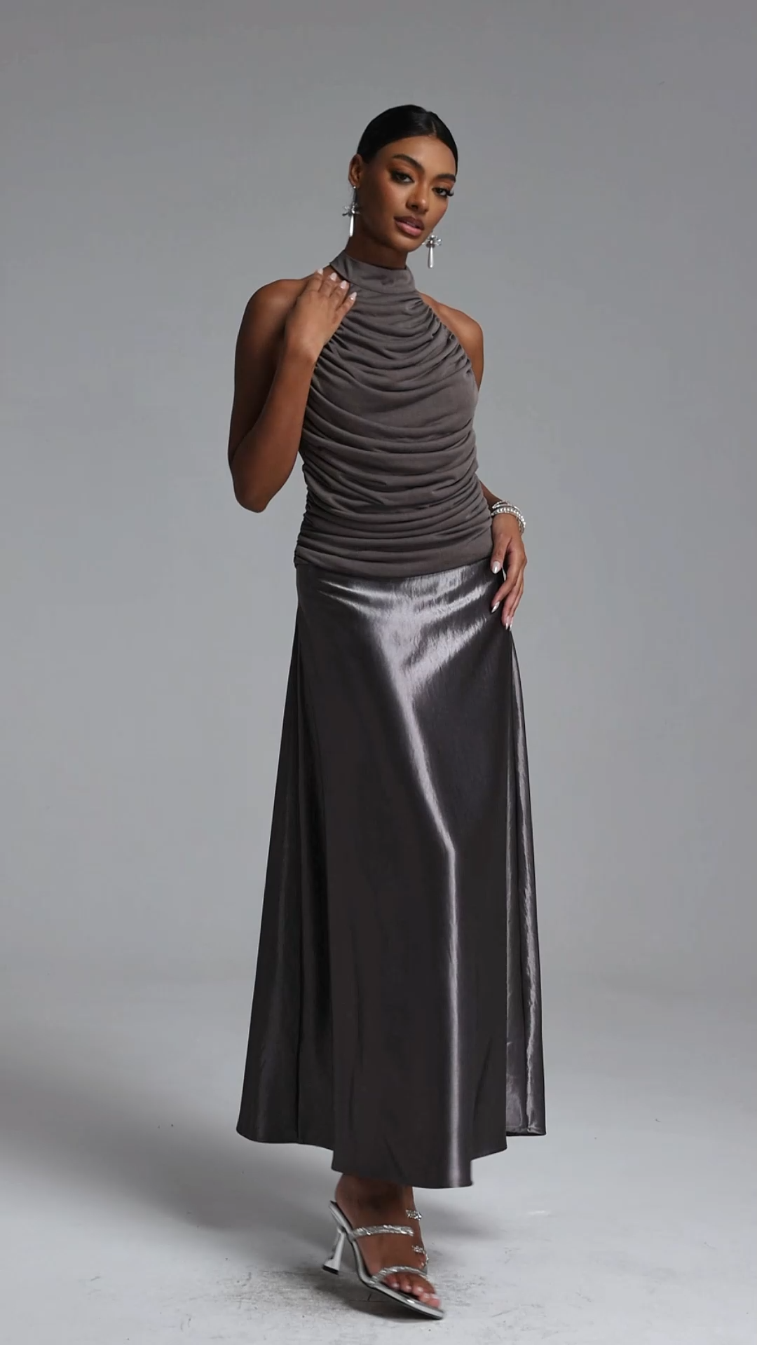 Sharian Chic Contour Halter Ruched Satin Top and Skirt Set