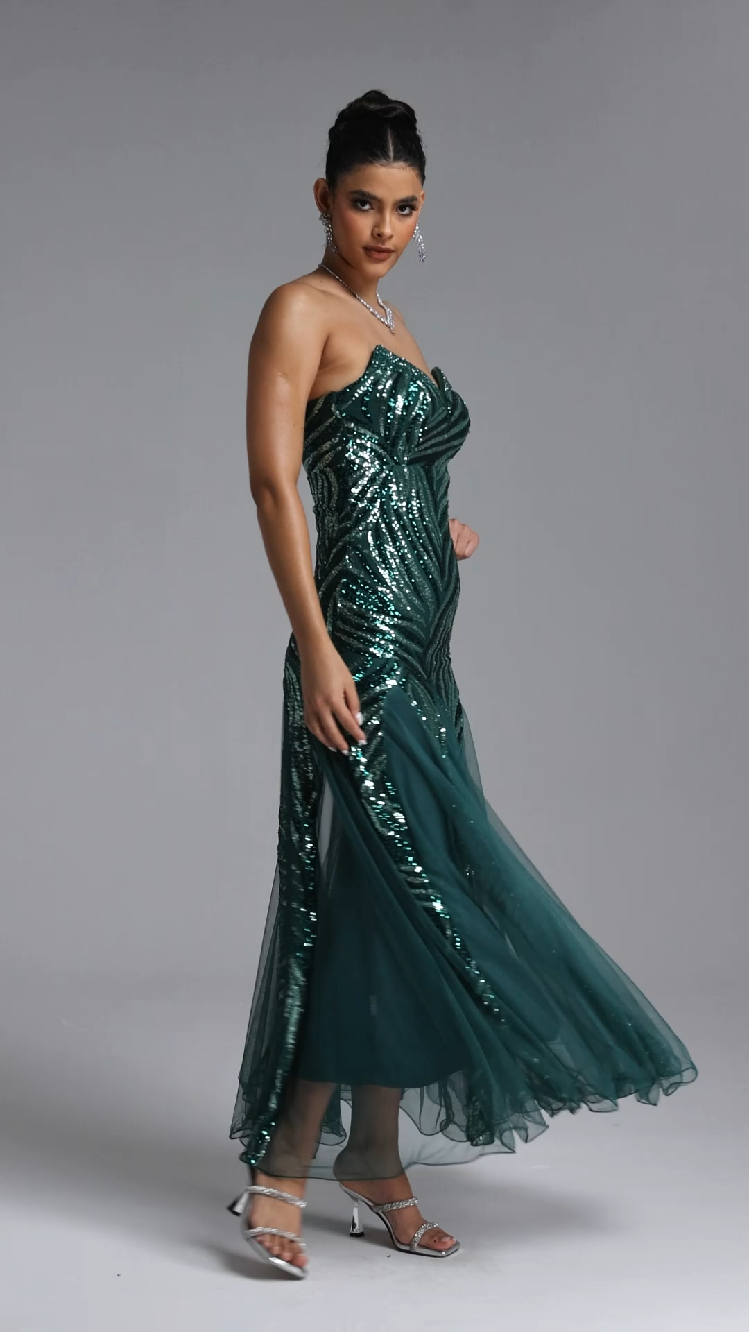 Sally Glamorous Contour Strapless Sequin Green Maxi Dress