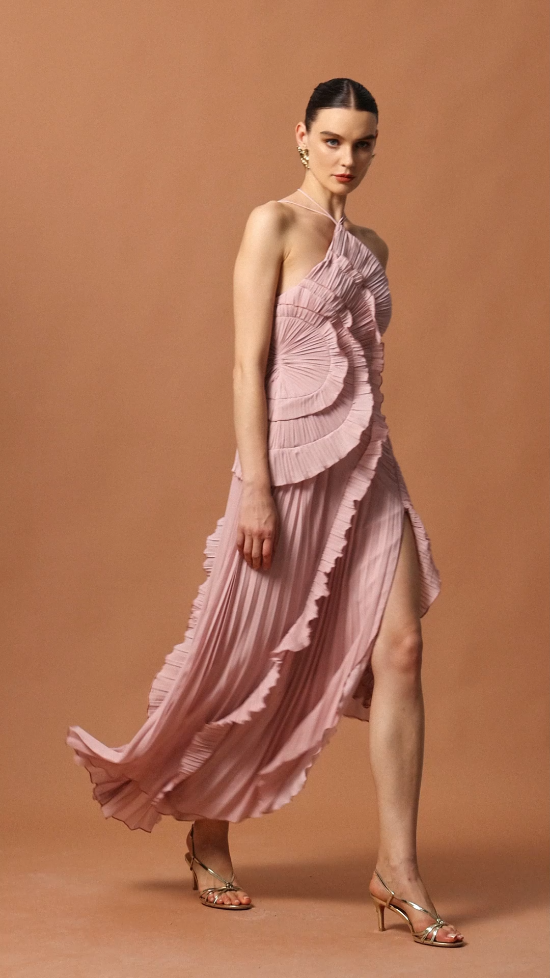 Ravaza Sleeveless Folds Slit Maxi Dress