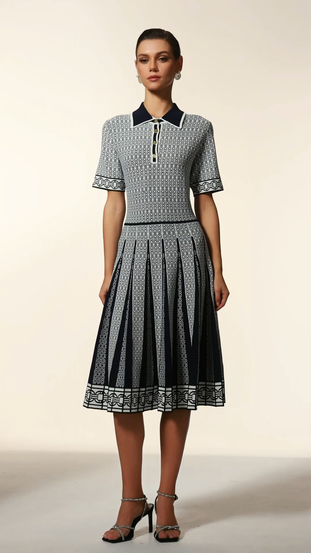 Reye Lapel Short Sleeves Jacquard Folds Mini Dress