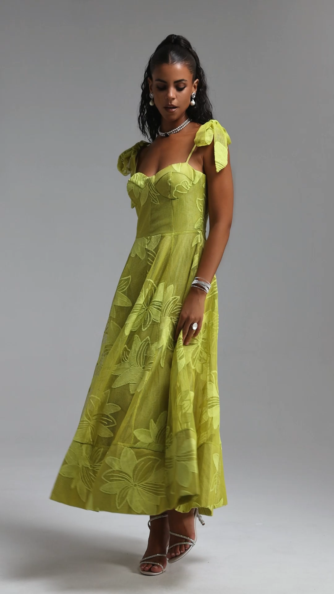 Halli Romantic Spaghetti Strap Bow Floral Embroidered Maxi Dress