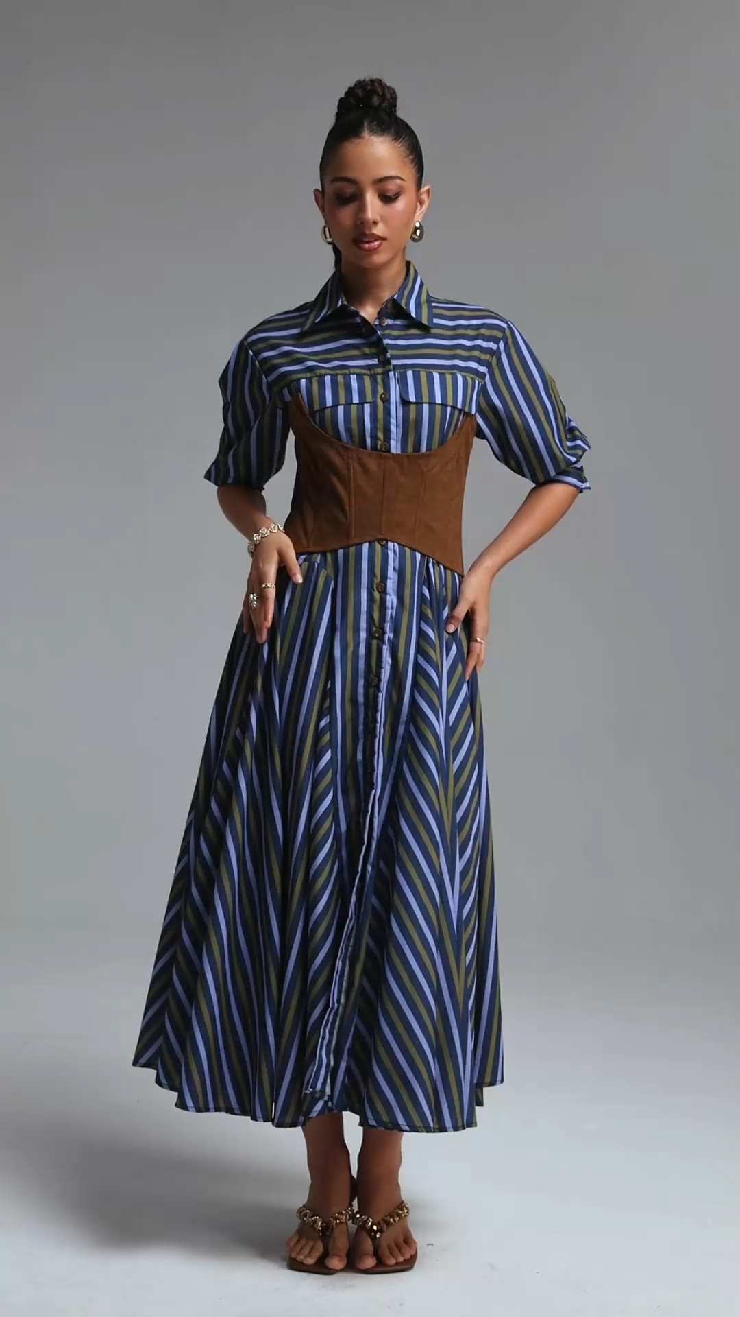 Jiusi Chic Tailored Long Sleeve Striped Woven Maxi Dress