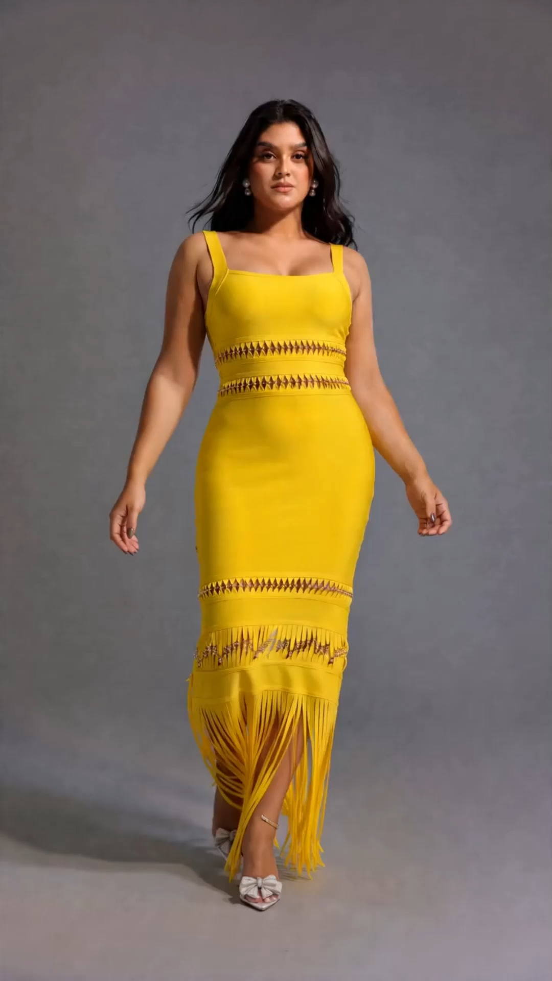 Shanley Chic Contour Sleeveless Beaded Fringe Bandage Maxi Dress