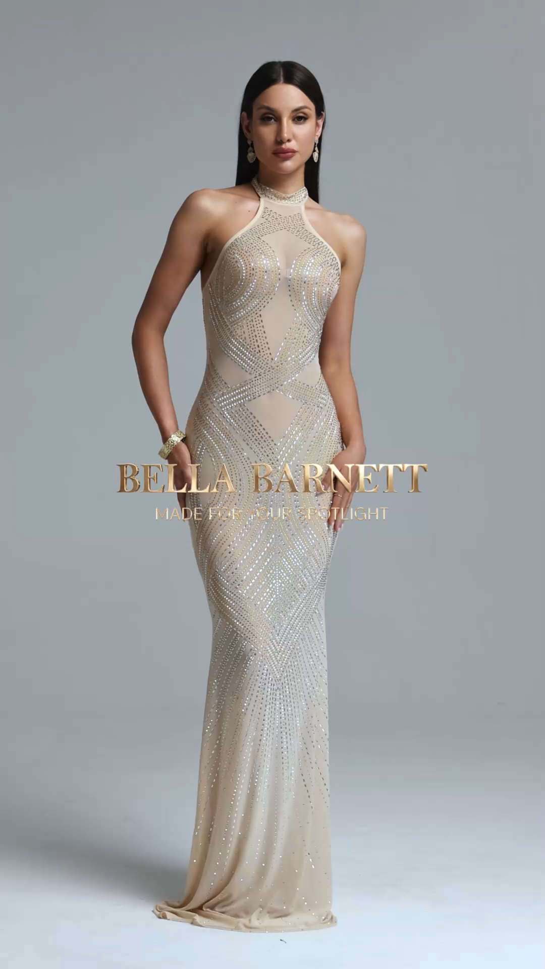 Zelda Gorgeous Halter Sleeveless Rhinestone Stretch Knit Maxi Dress