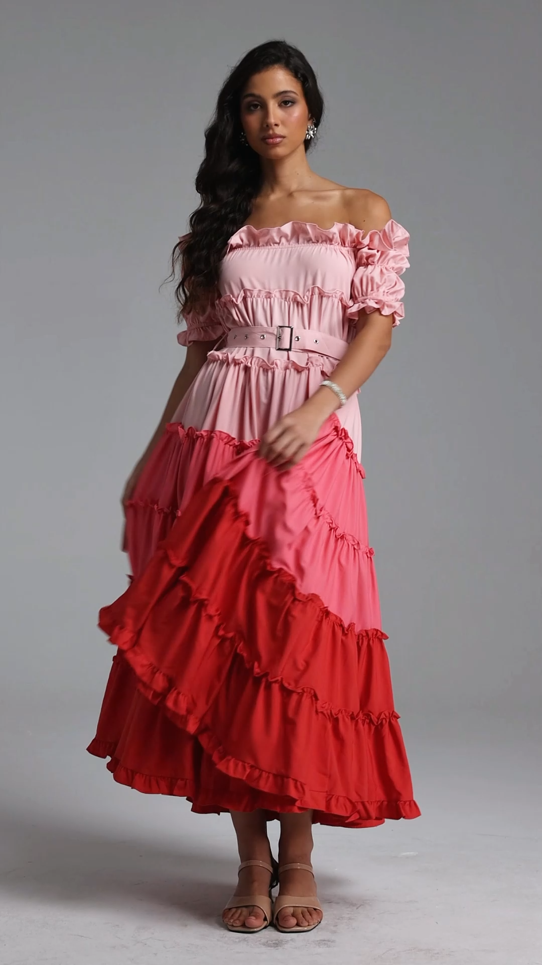 Weirdo Resort Flowy Off Shoulder Short Sleeve Ruffle Woven Maxi Dress