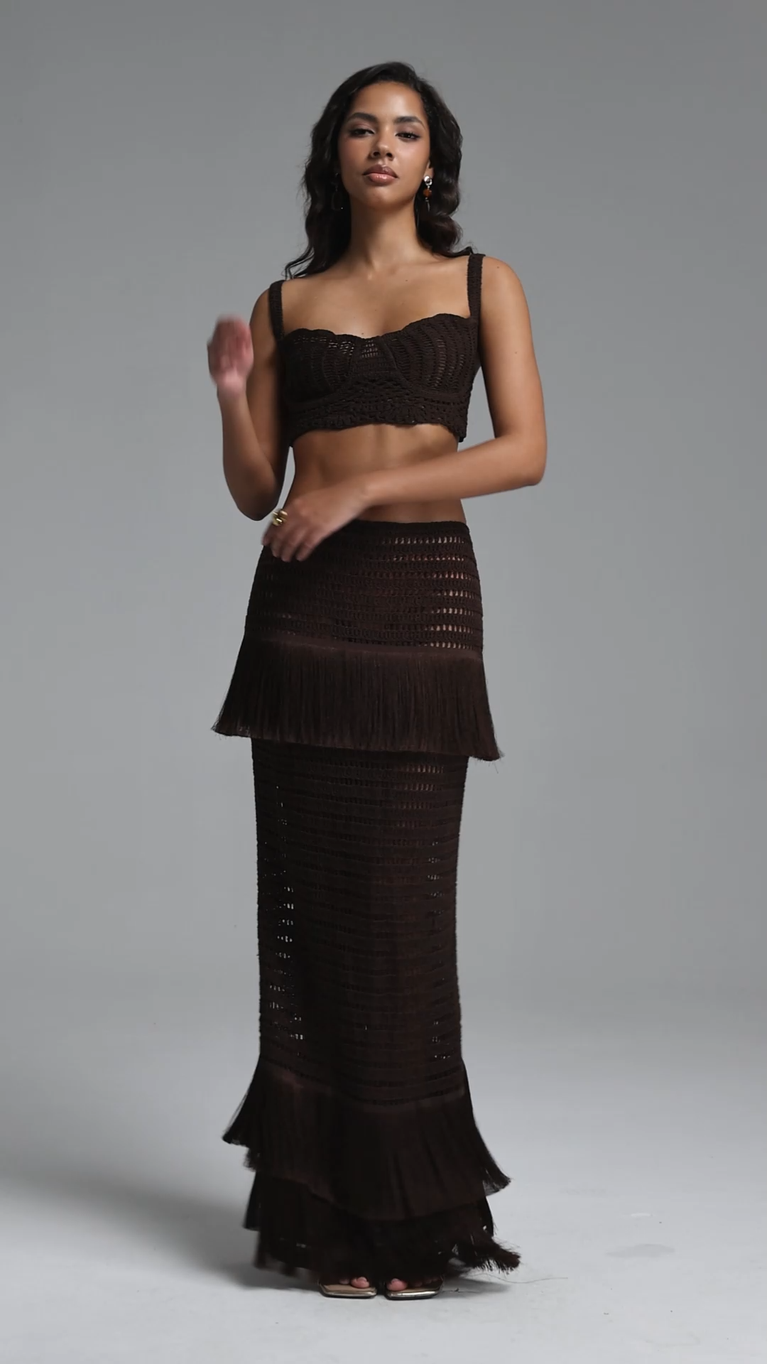 Magdalena Resort Flowy Sleeveless Fringe Knit Top and Skirt Two Piece Set