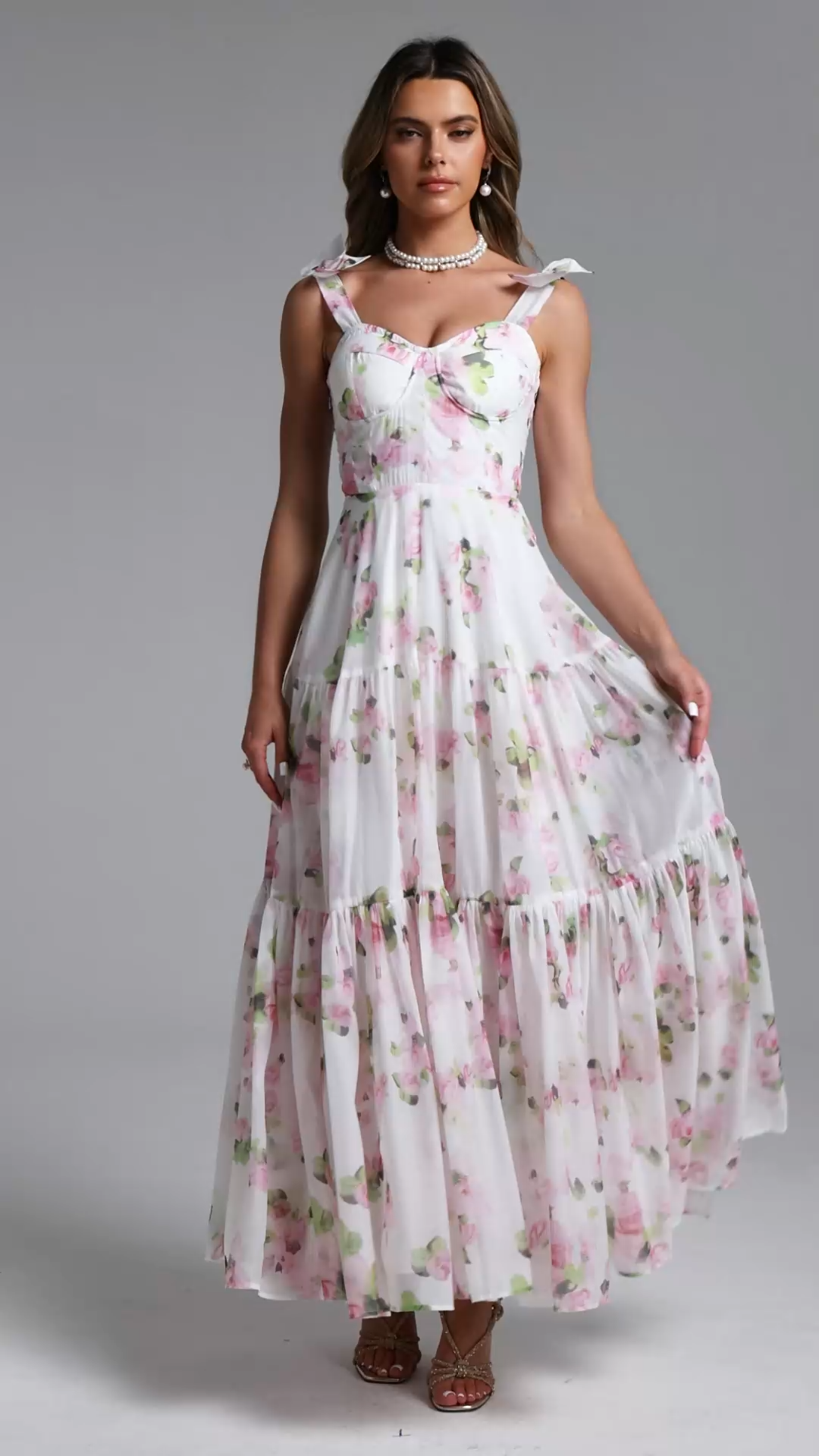 Daphne Romantic Flowy Bow Strap Floral Print Maxi Dress