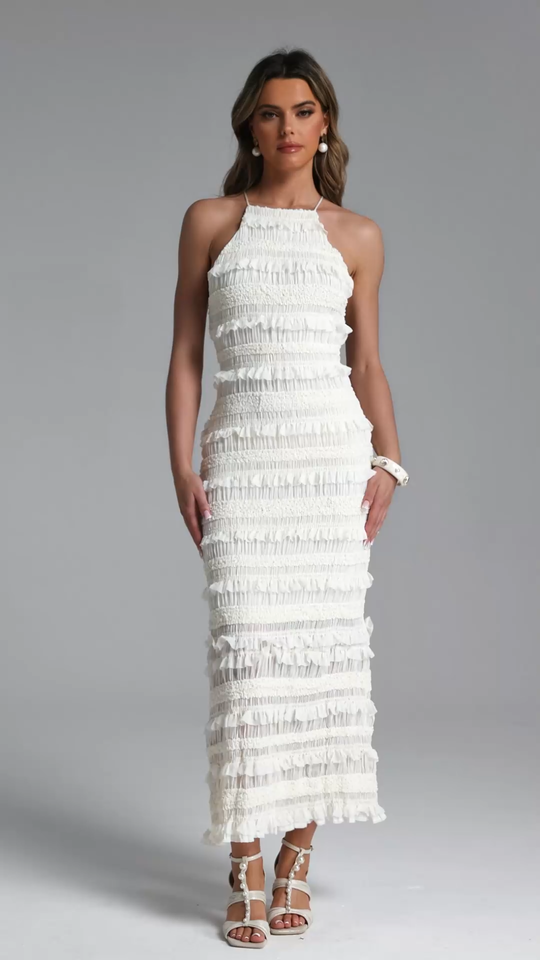 Lexi Elegant Contour Halter Ruched Ruffle Maxi Dress