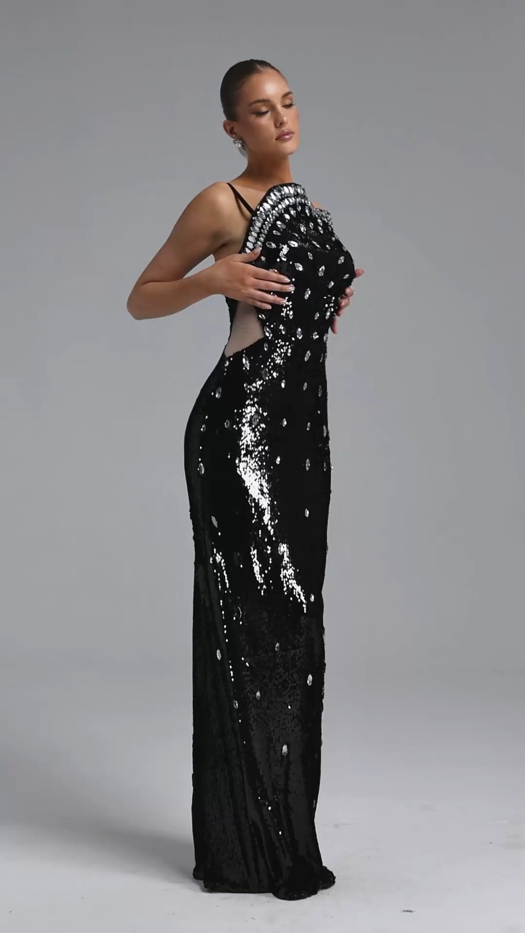 Lany Glamorous Tailored Cut Out Rhinestone Sequin Maxi Dress