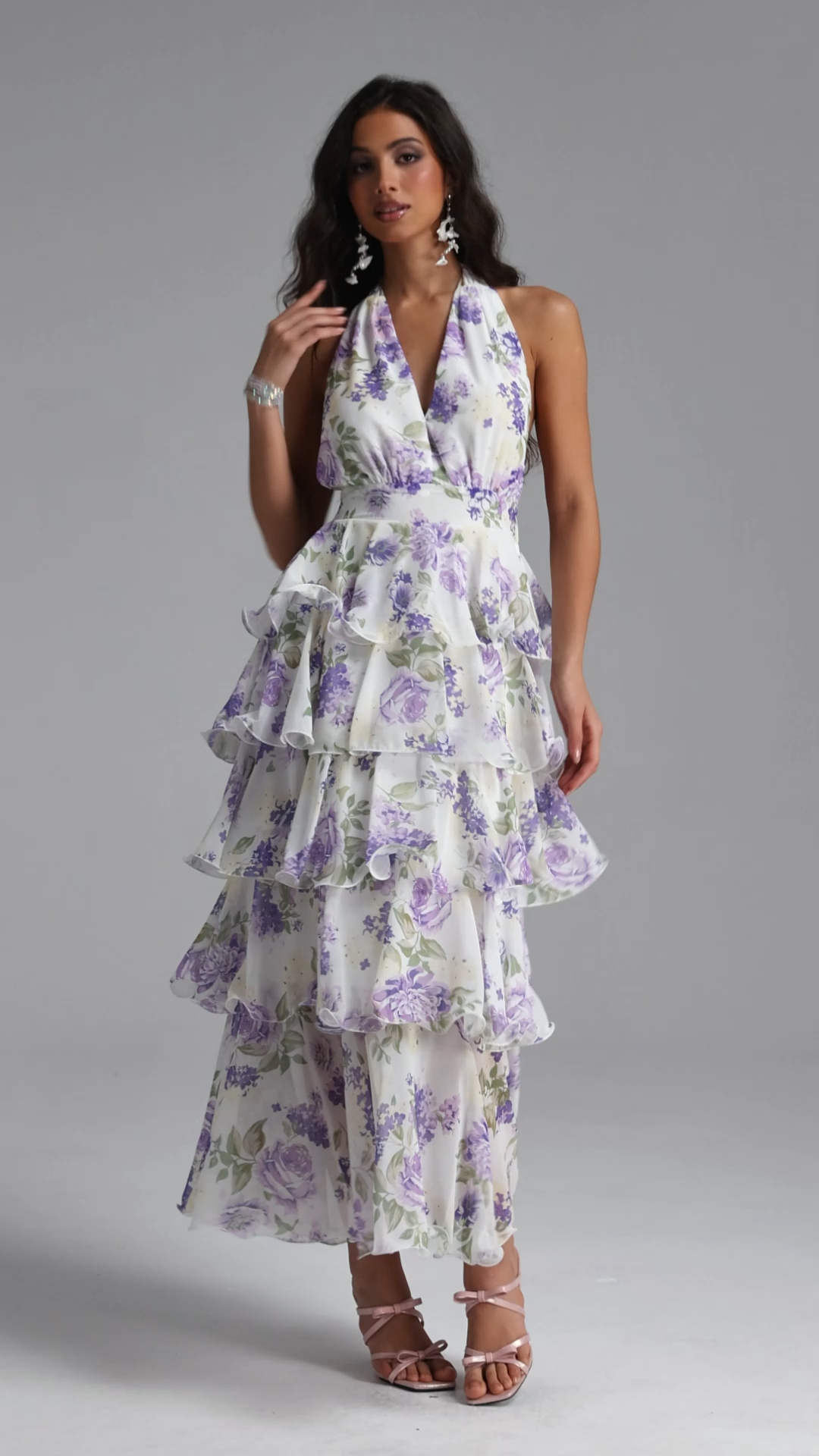 Lala Resort Flowy Sleeveless Ruffle Floral Print Chiffon Maxi Dress
