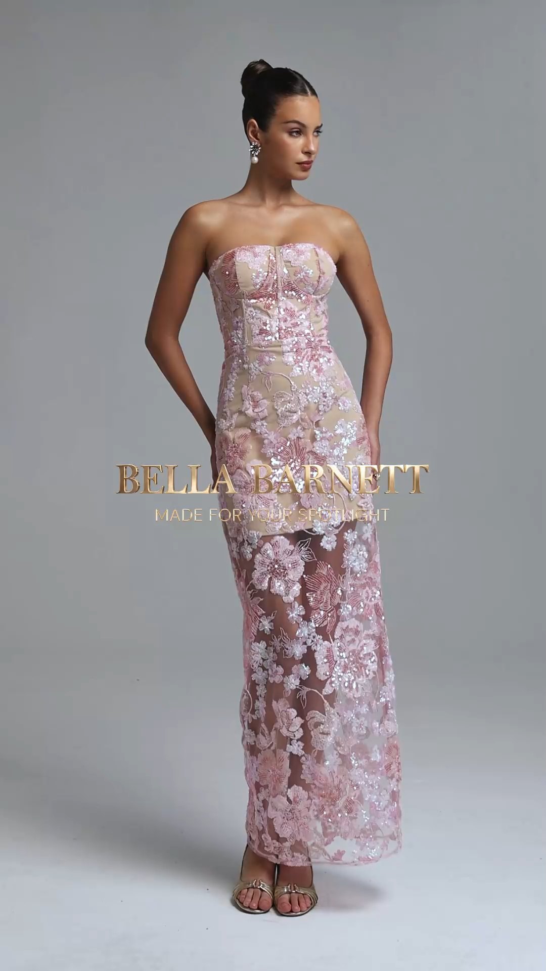 Winey Elegant Contour Strapless Floral Sequin Embroidered Mesh Maxi Dres