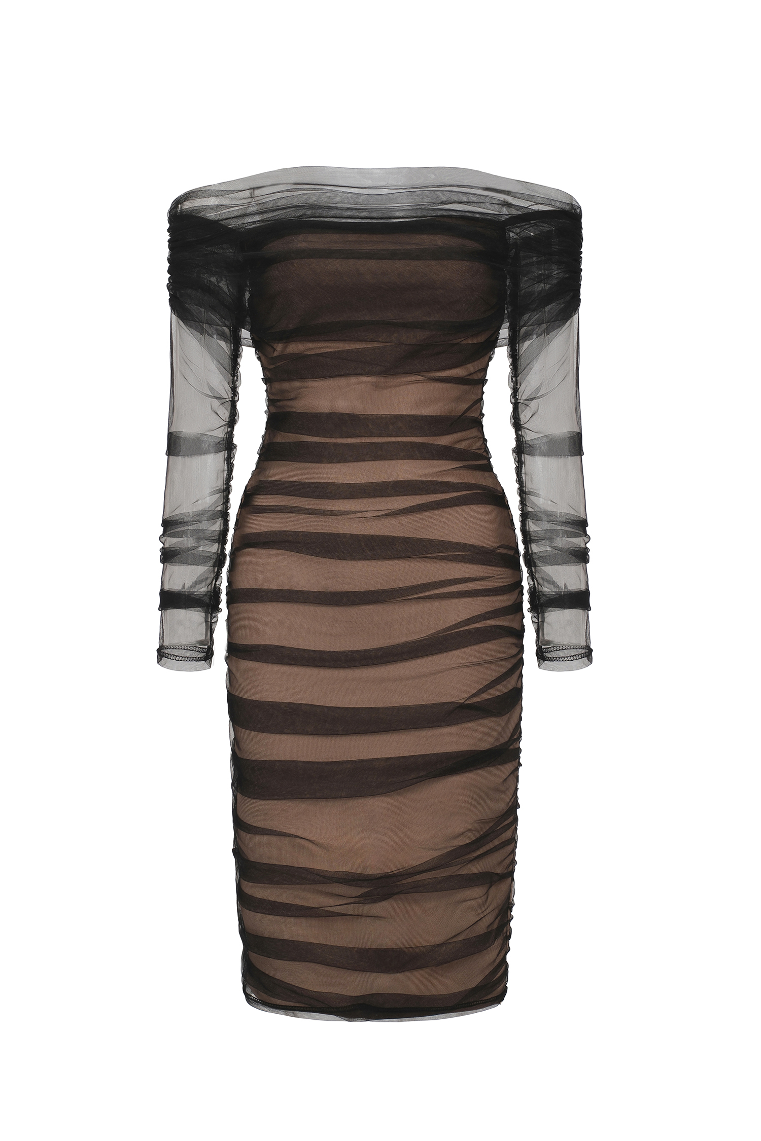 Rowena Ruched Mesh Bandage Midi Dress - Black