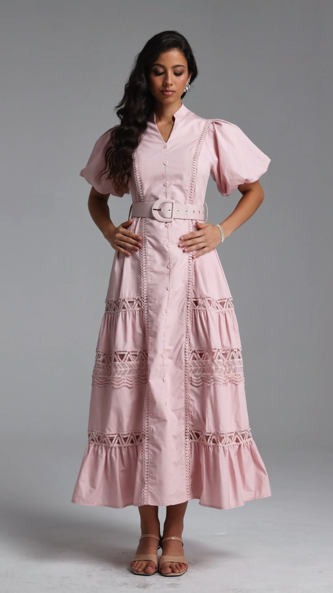 Lenra Elegant Cinched V Neck Puff Sleeve Woven Maxi Dress
