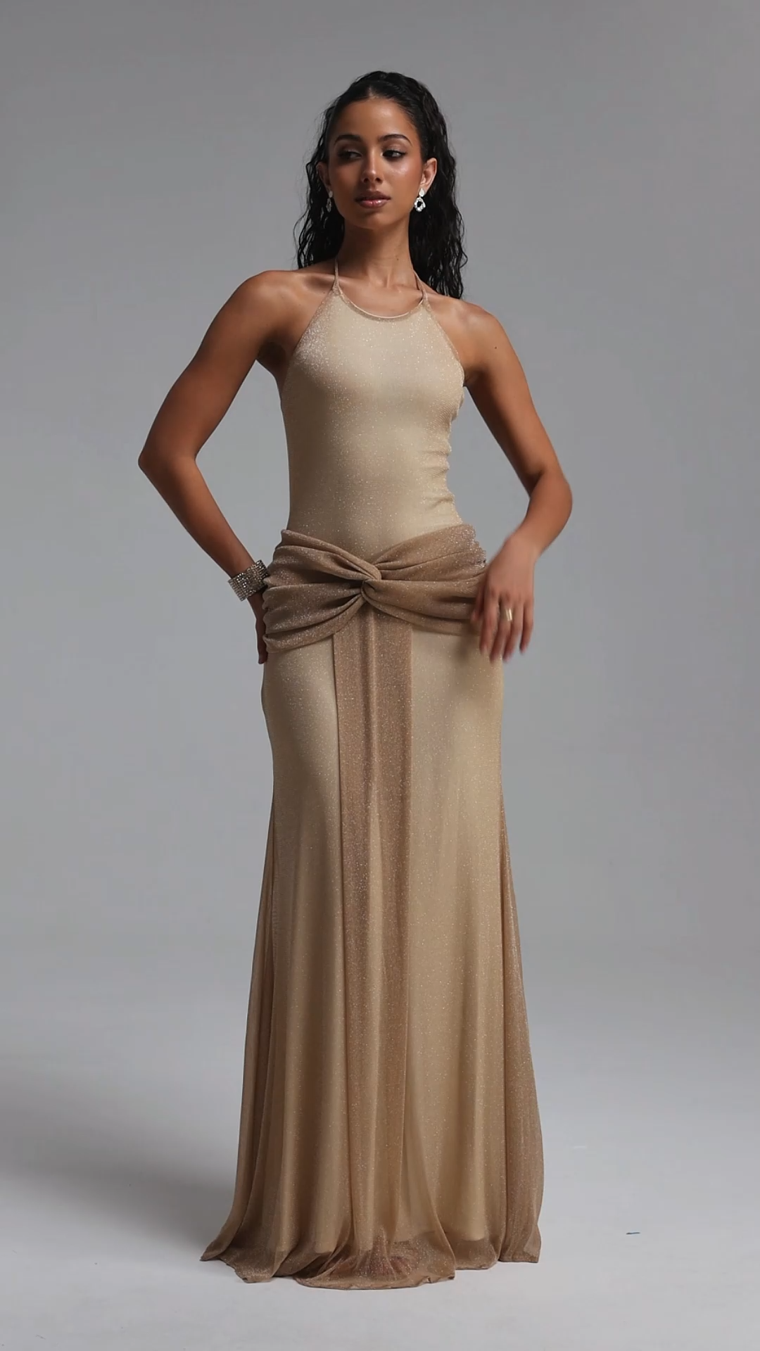 Lotta Chic Contour Halter Knot Detail Shimmer Knit Maxi Dress