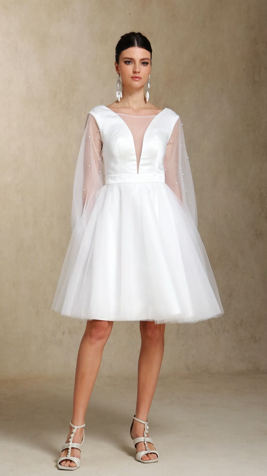 Maka Long sleeves Pearl Satin V-neck Mini wedding dress