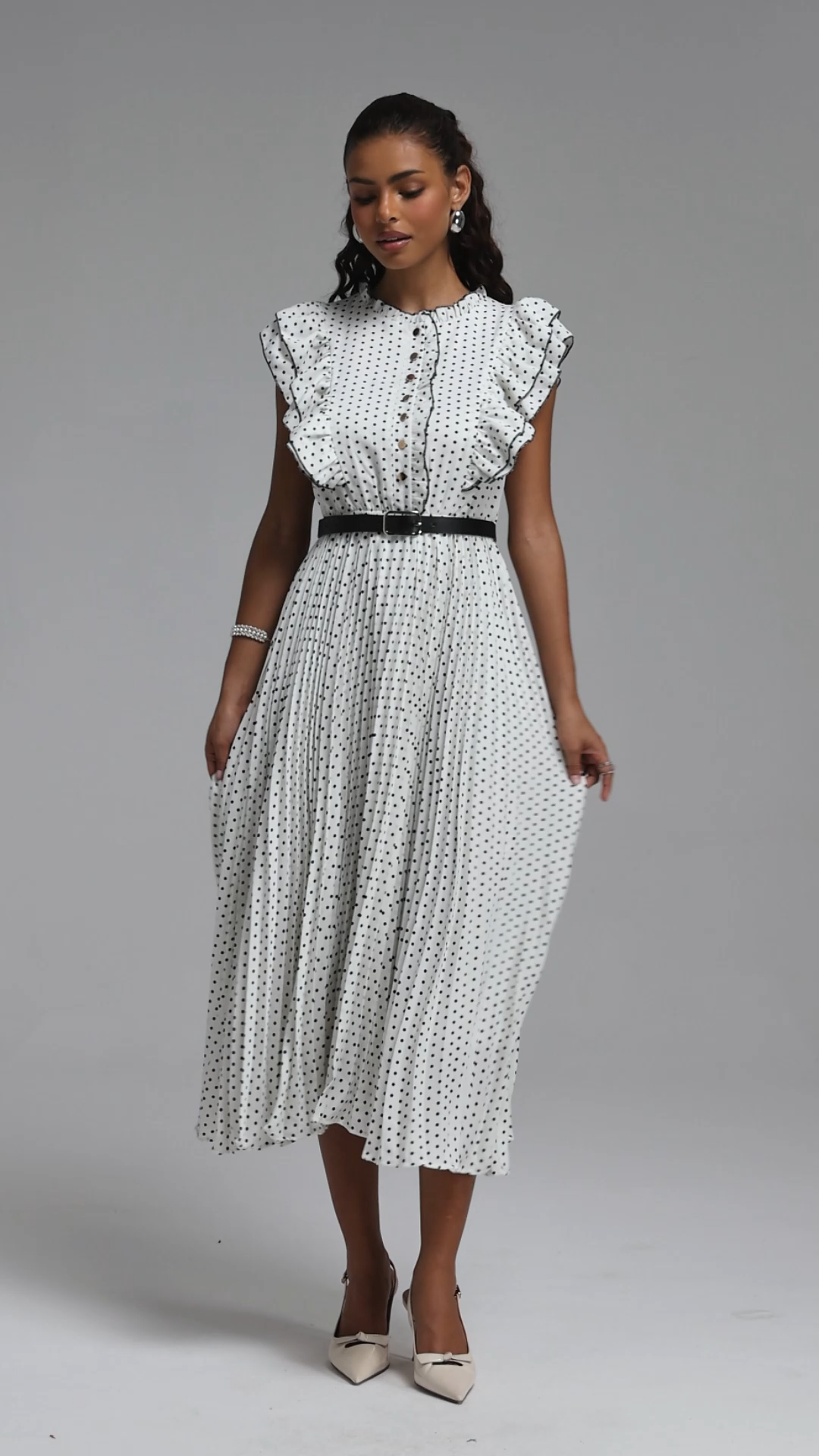 Keely Classic Tailored Ruffle Pleated Polka Dot Woven Maxi Dress