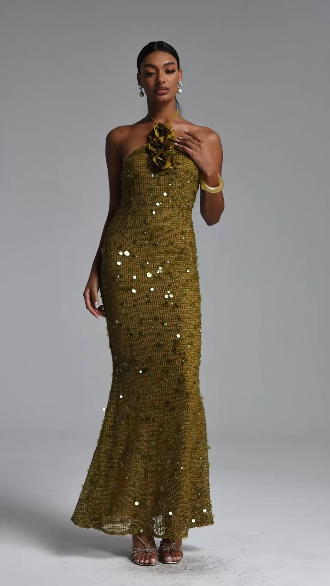 Liza Elegant Contour Halter Floral Sequin Maxi Dress