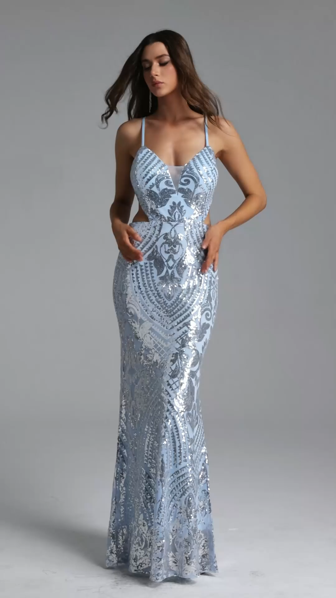 Makayah Elegant Contour Halter Cut Out Sequin Pattern Maxi Dress