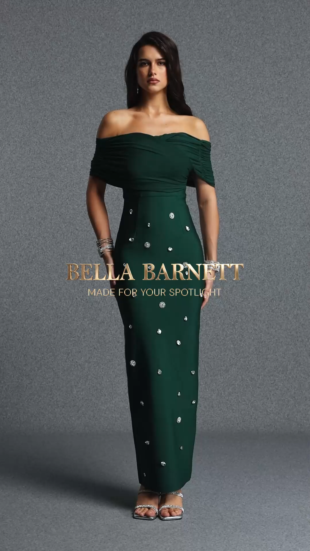 Giela Elegant Contour Off Shoulder Rhinestone Bandage Maxi Dress