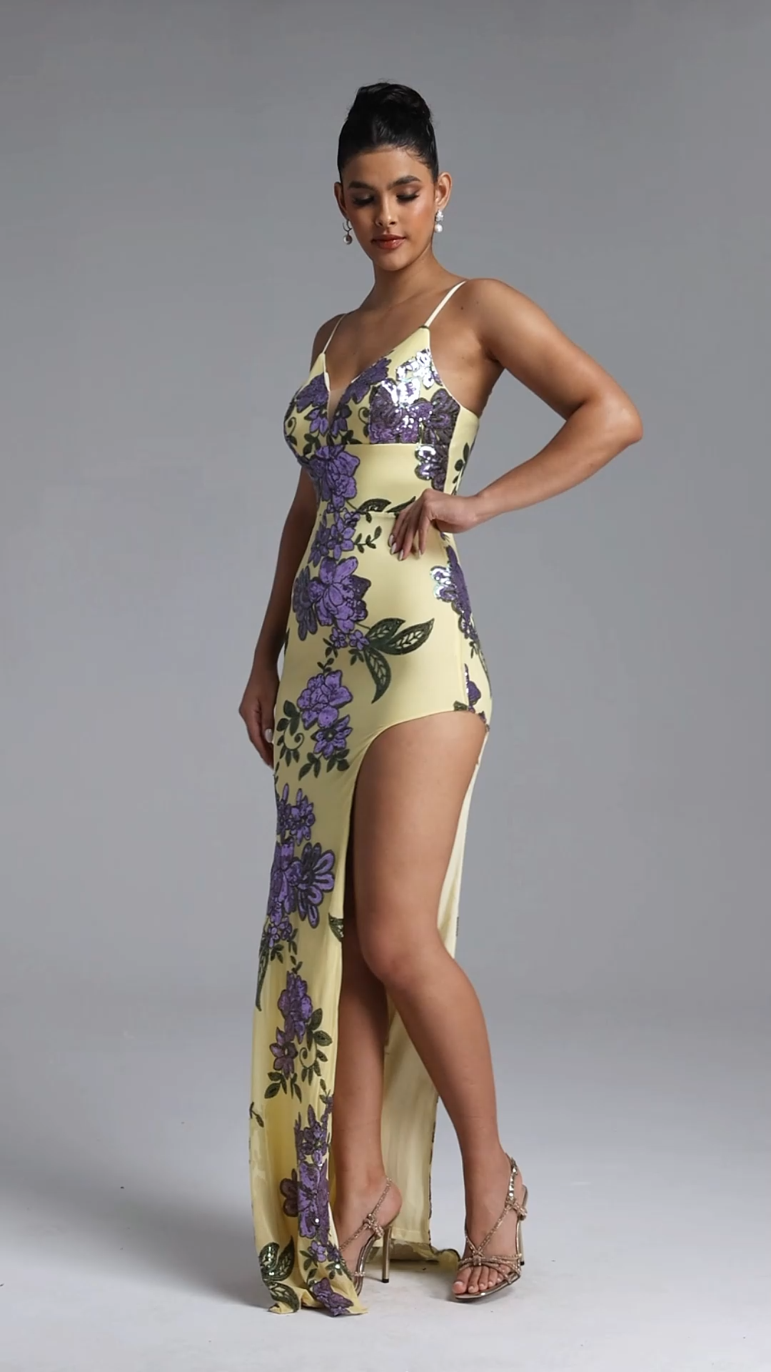 Lenny Chic Contour V Neck Floral Sequin Maxi Dress