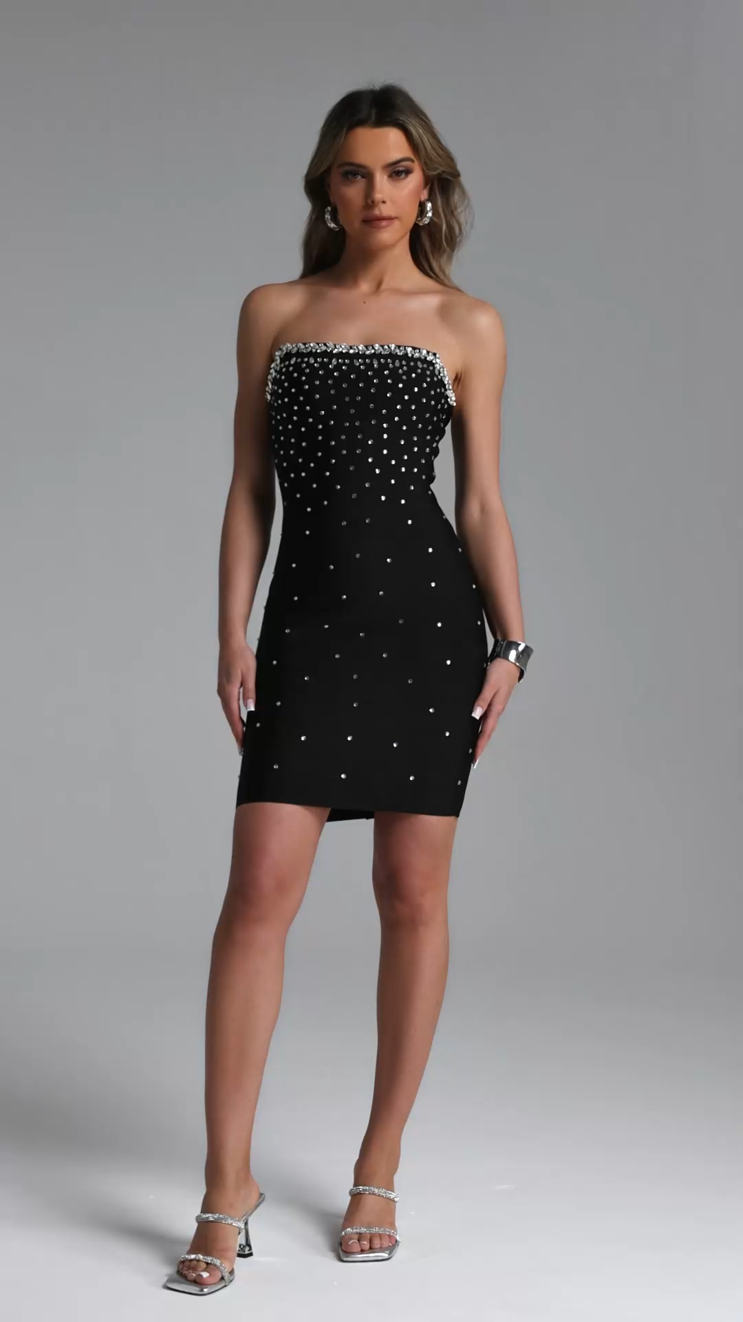 Eudase Glamorous Contour Strapless Rhinestone Bandage Mini Dress