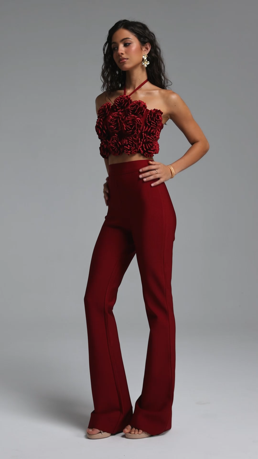 Ferean Stylish Halter Floral Mini Top And Slim Bandage Pants Two-Piece Set