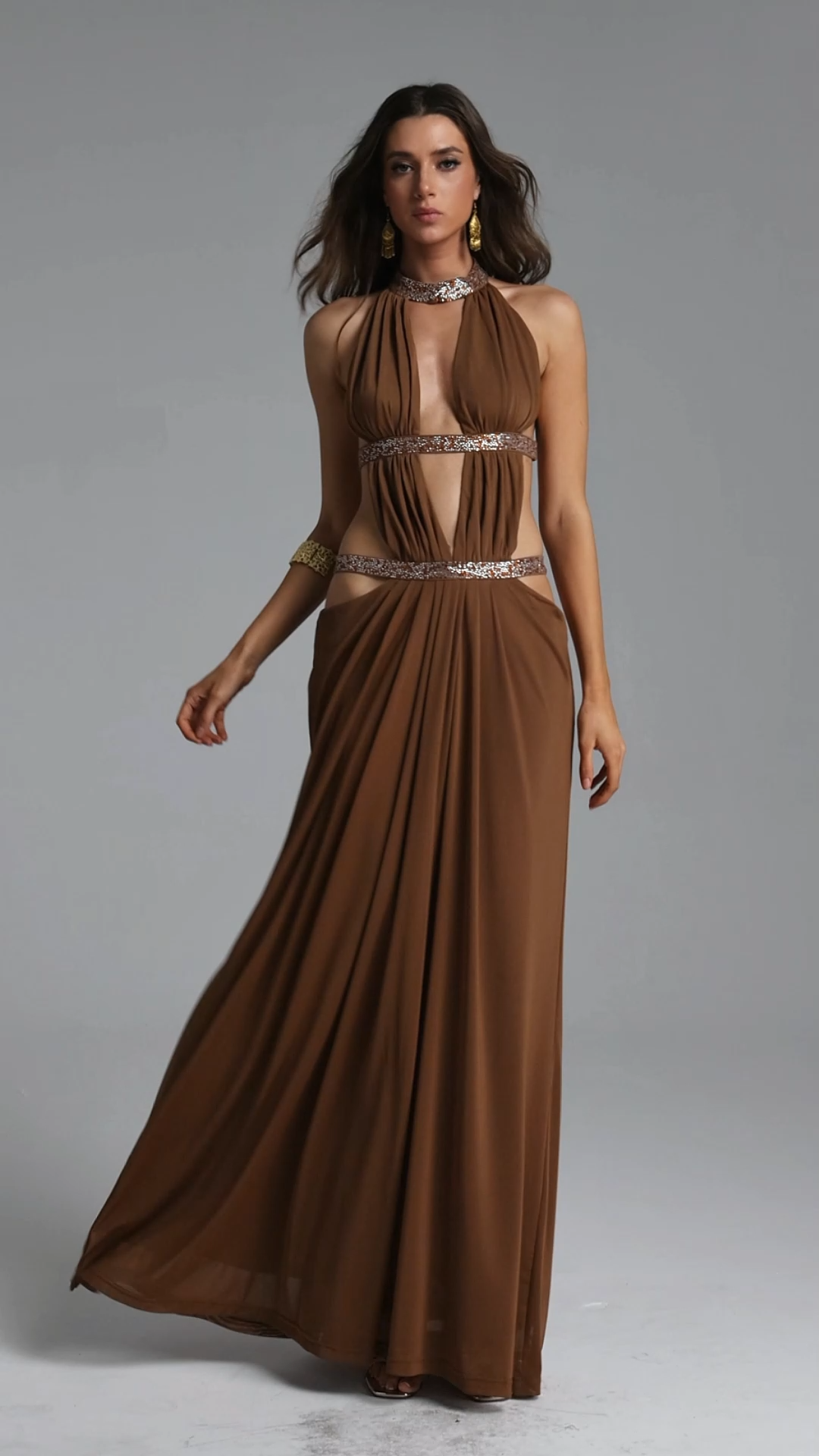Elaia Sexy Flowy Halter Ruched Cut Out Brown Maxi Dress