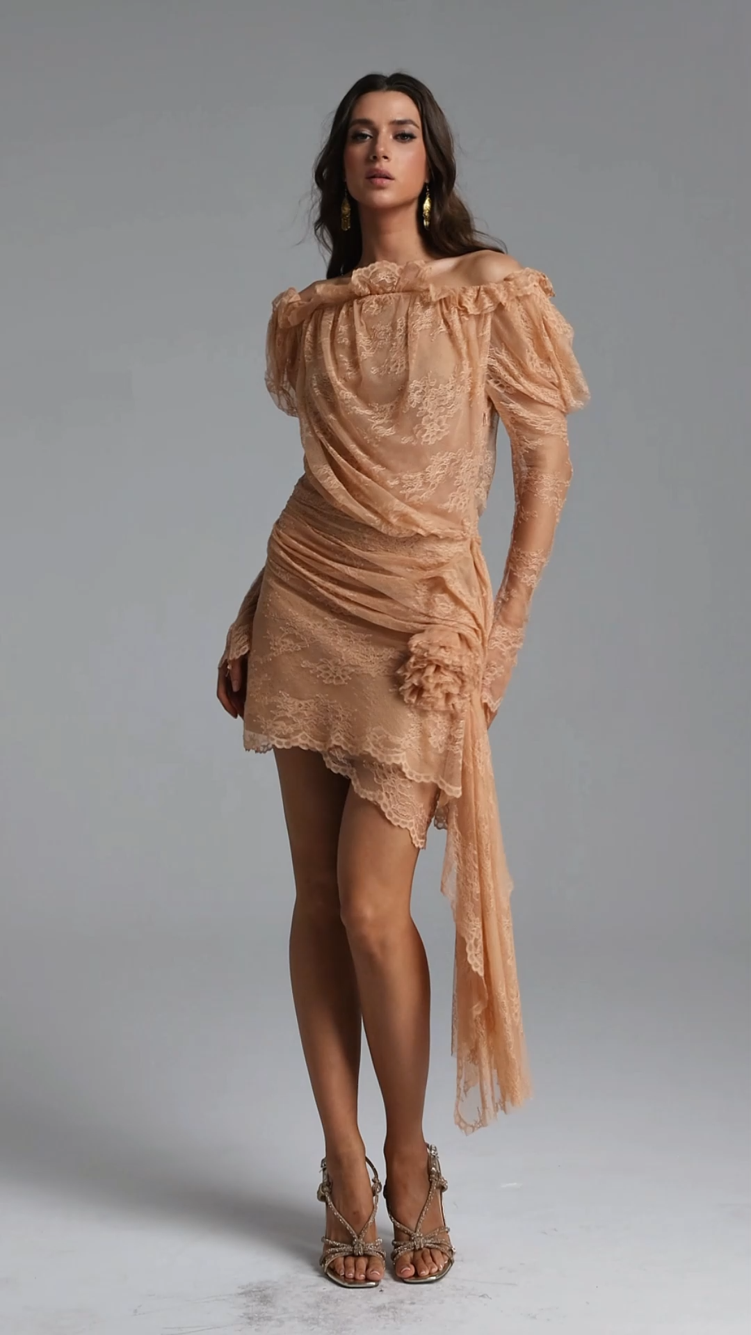 Verza Romantic Flowy Long Sleeve Off Shoulder Ruched Lace Mini Dress