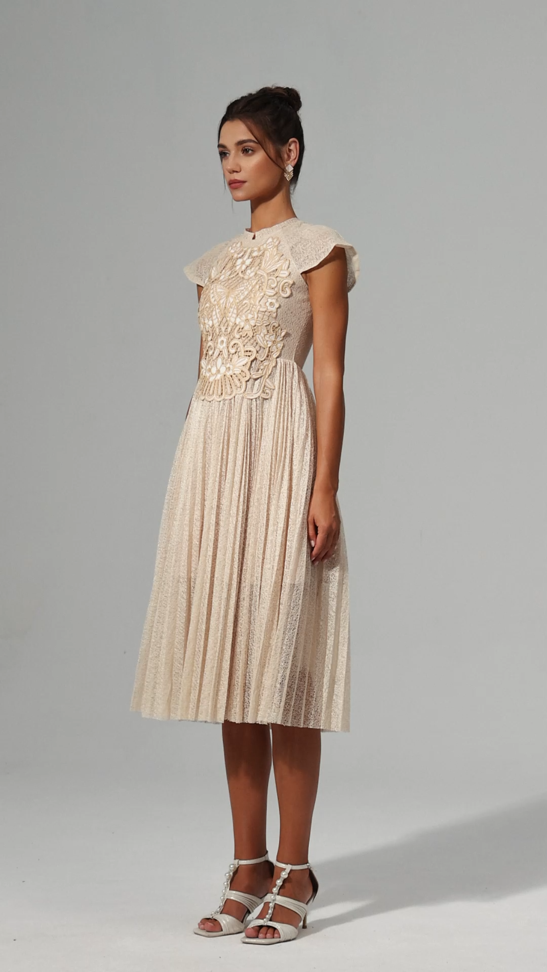 Stormie Round Neck Sleeveless Embroidery Butterfly Flowers Lace Folds Midi Dress