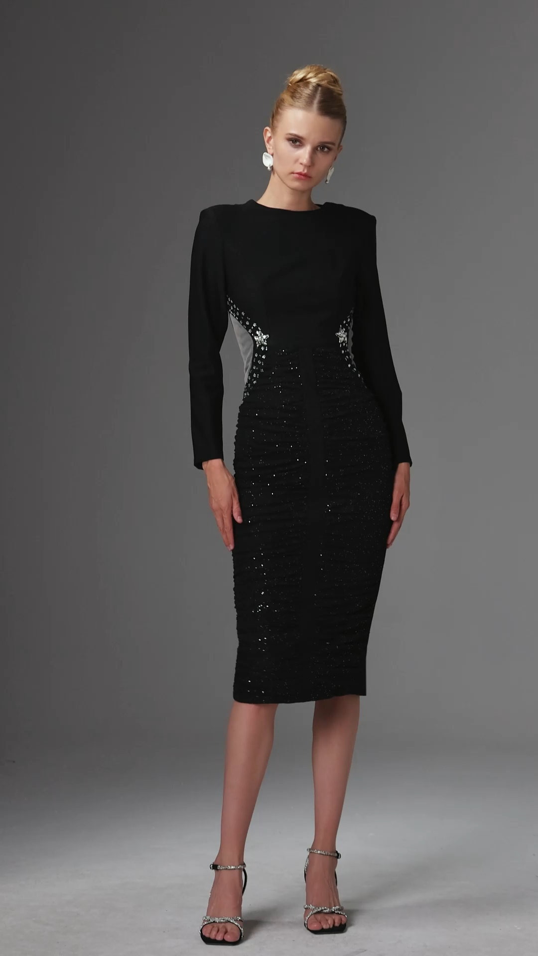 Starsha Elegant Contour Long Sleeve Ruched Sequin Maxi Dress