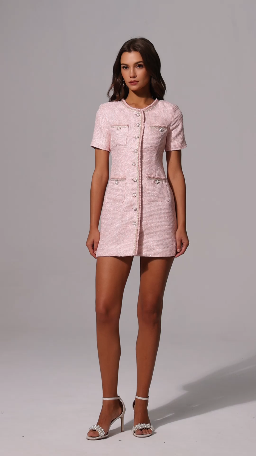 Heisel Round Neck Pearl Button Short Sleeves Tweed Mini Dress