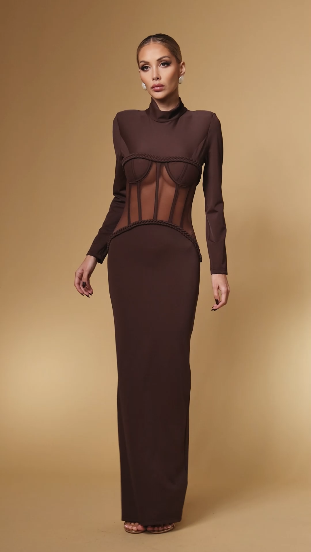 Enene Sexy Contour Long Sleeve Sheer Corset Maxi Dress