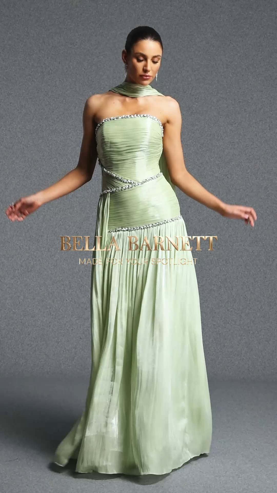 Ditala Classic Strapless Pleated Rhinestone Shawl Maxi Dres