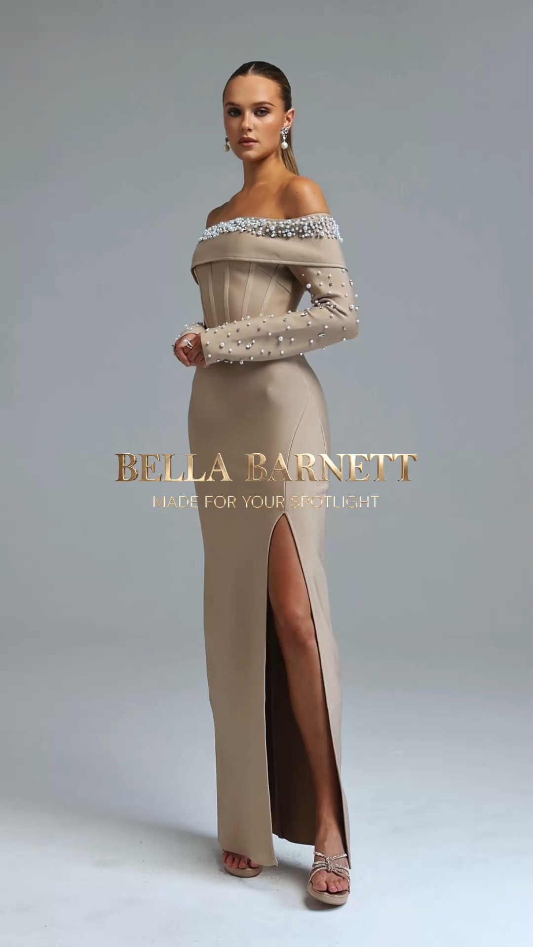 Yuri Elegant Cinched Waist Off Shoulder Long Sleeve Pearl Slit Bandage Maxi Dress