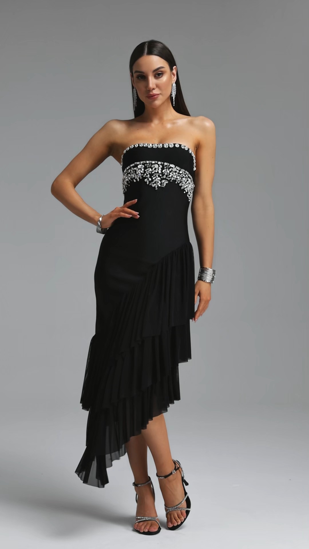 Ella Dynamic Contour Strapless Floral Leaf Rhinestone Asymmetric Mesh Bandage Midi Dress