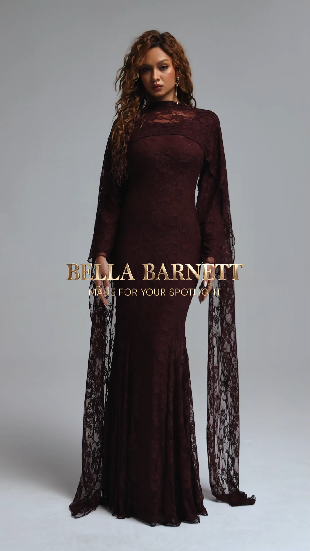 Pasha Elegant Contour Long Streamer Sleeve Mermaid Lace Brown Maxi Dress
