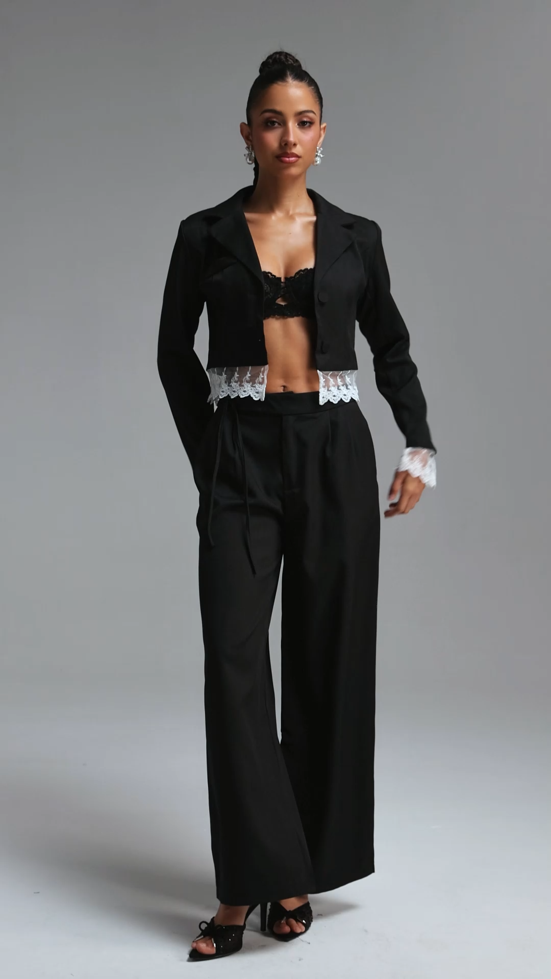 Jenna Chic Tailored Long Sleeve Lace Trimmed Woven Blazer Top And Pants Two Piece Set