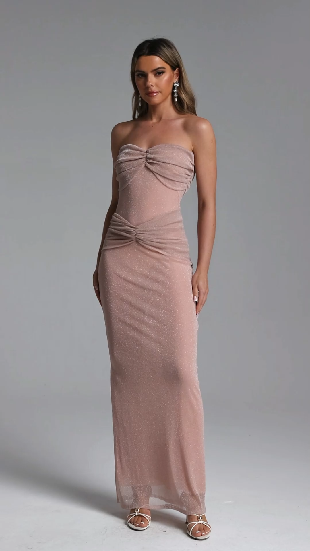 Kelly Romantic Contour Strapless Ruched Sparkly Knit Maxi Dress