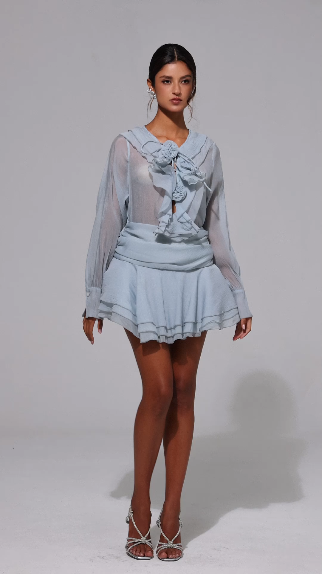 Maoma Flowers Lacing Ruffled Long Sleeves Top And Skirt Two-Piece Set