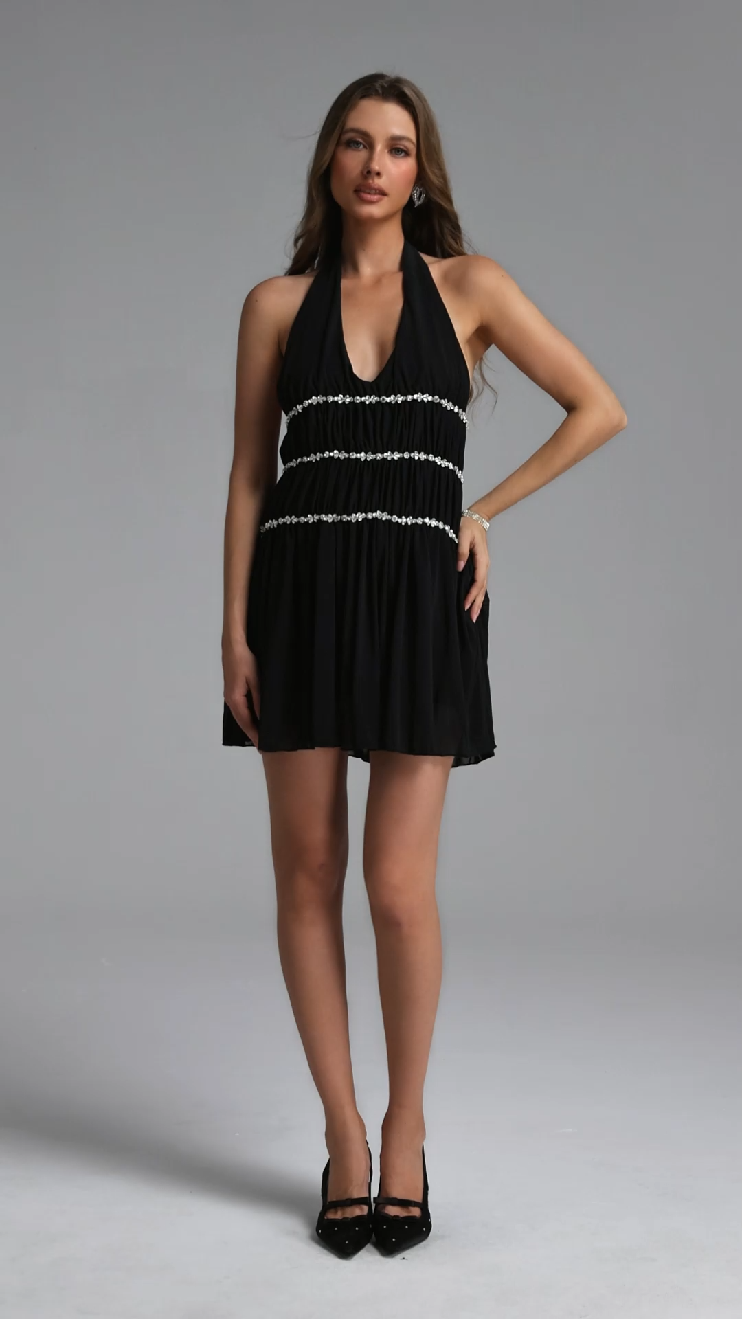 Quinta Sexy Cinched V Neck Sleeveless Rhinestone Mesh Mini Dress