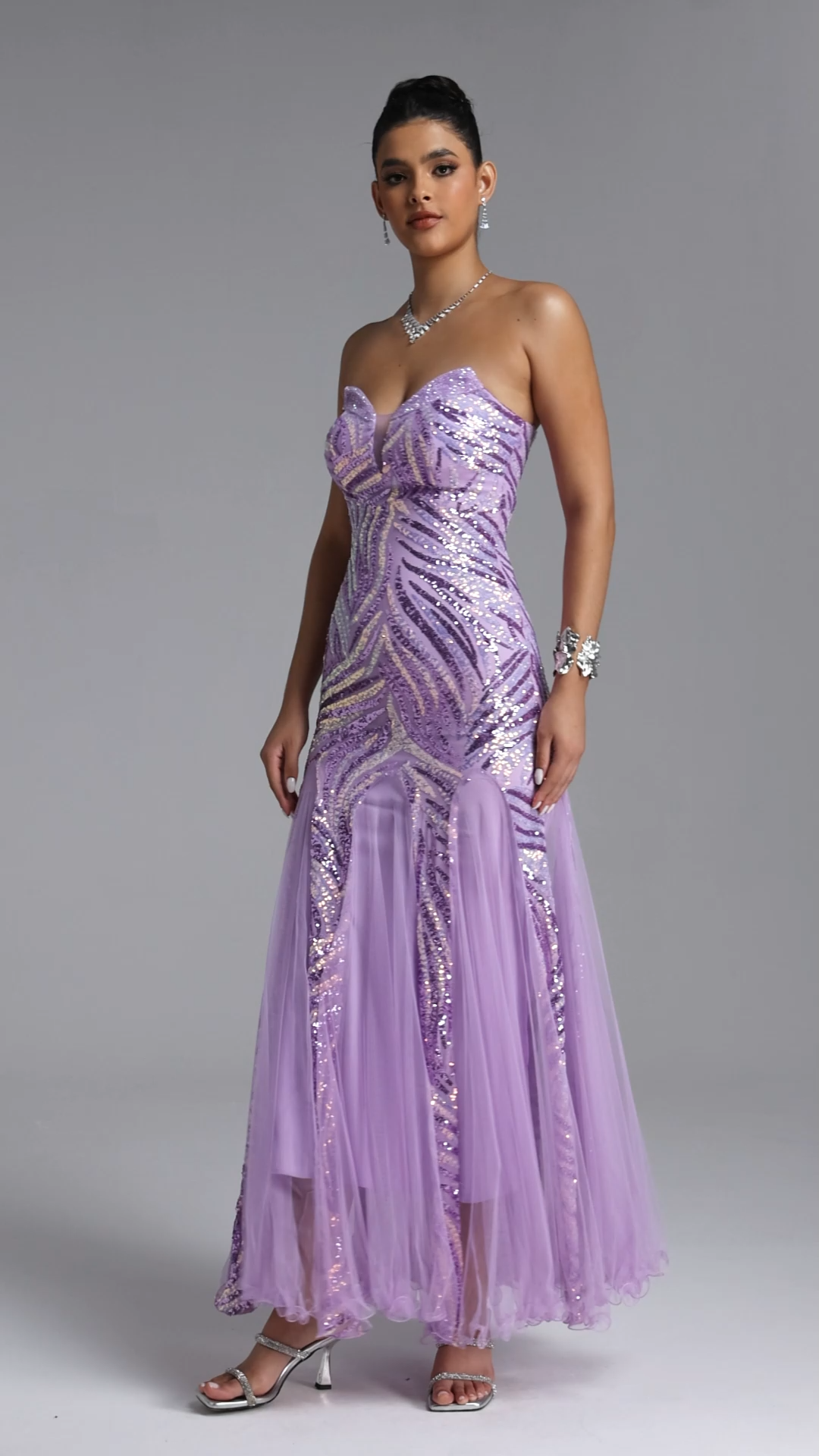 Sally Glamorous Contour Strapless Sequin Purple Maxi Dress