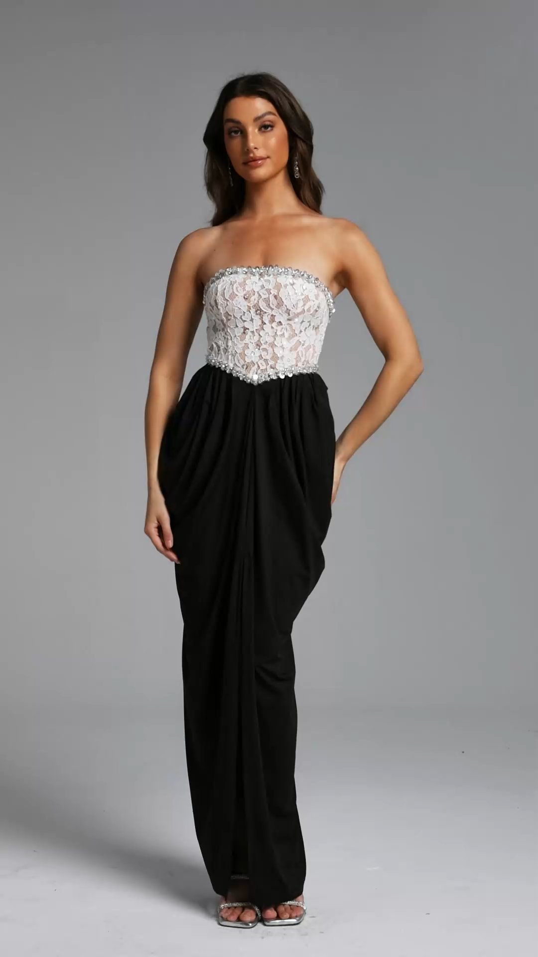 Minnie Elegant Contour Strapless Rhinestone Lace Maxi Dress