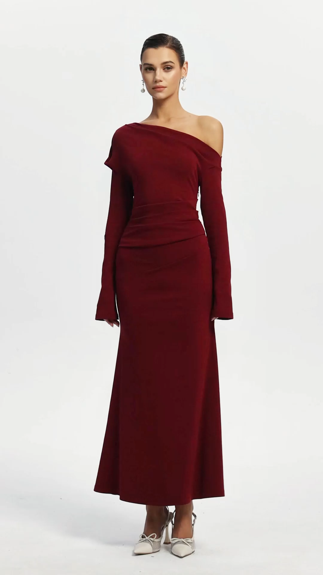 Etta Elegant Cinched Waist Off Shoulder Long Sleeve Knit Maxi Dress