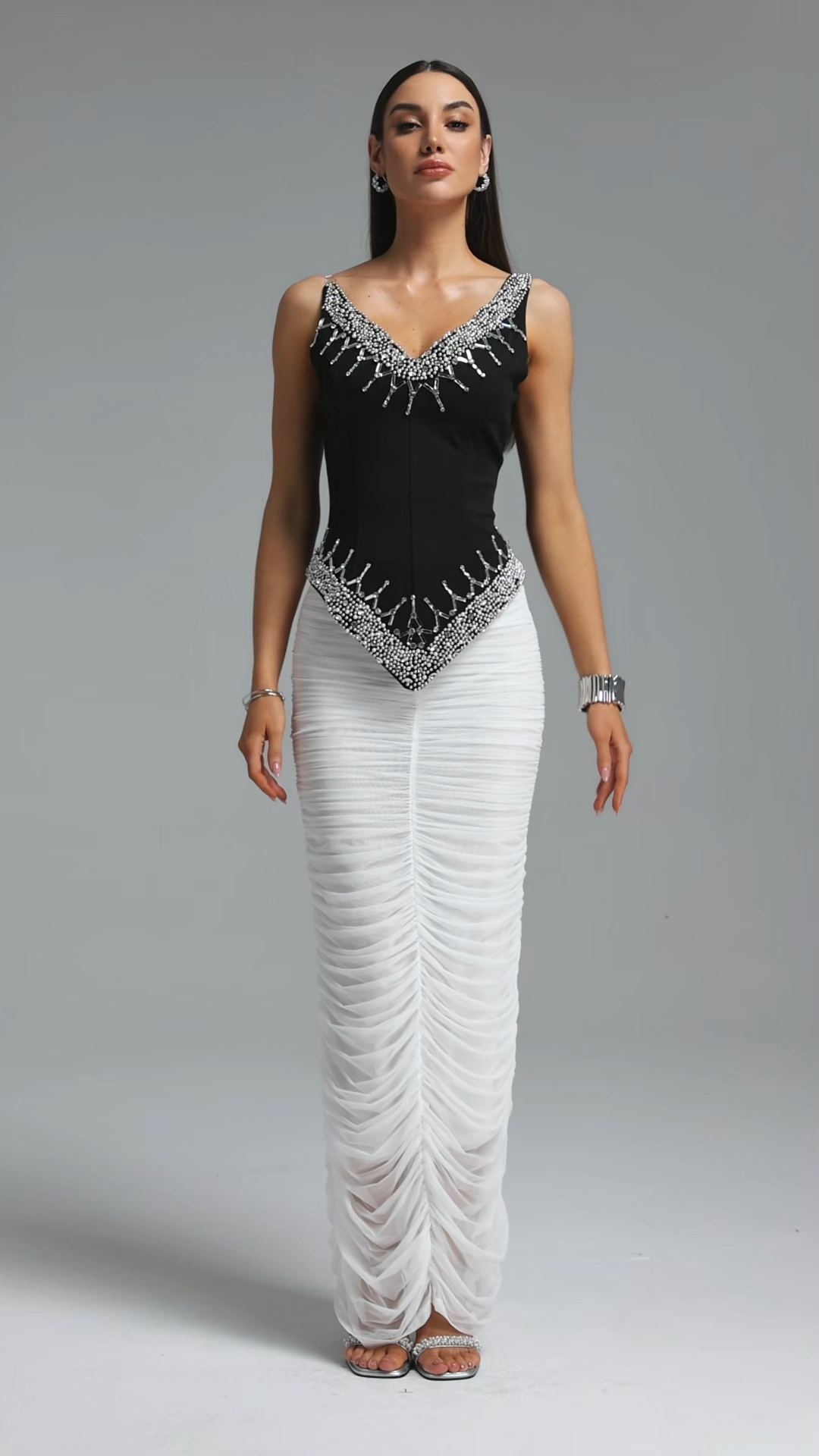 Temaie Luxurious Contour Spaghetti Strap V Neck Rhinestone Ruched Two Piece Maxi Dress