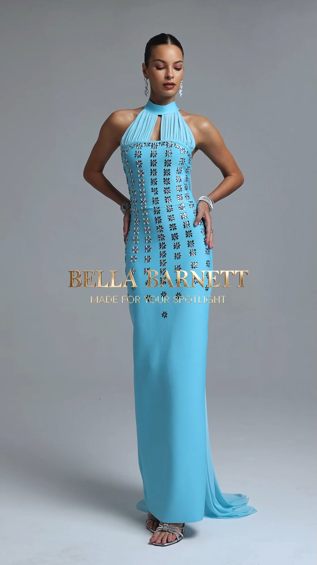 Makila Classic Contour Halter Rhinestone Bandage Maxi Dress