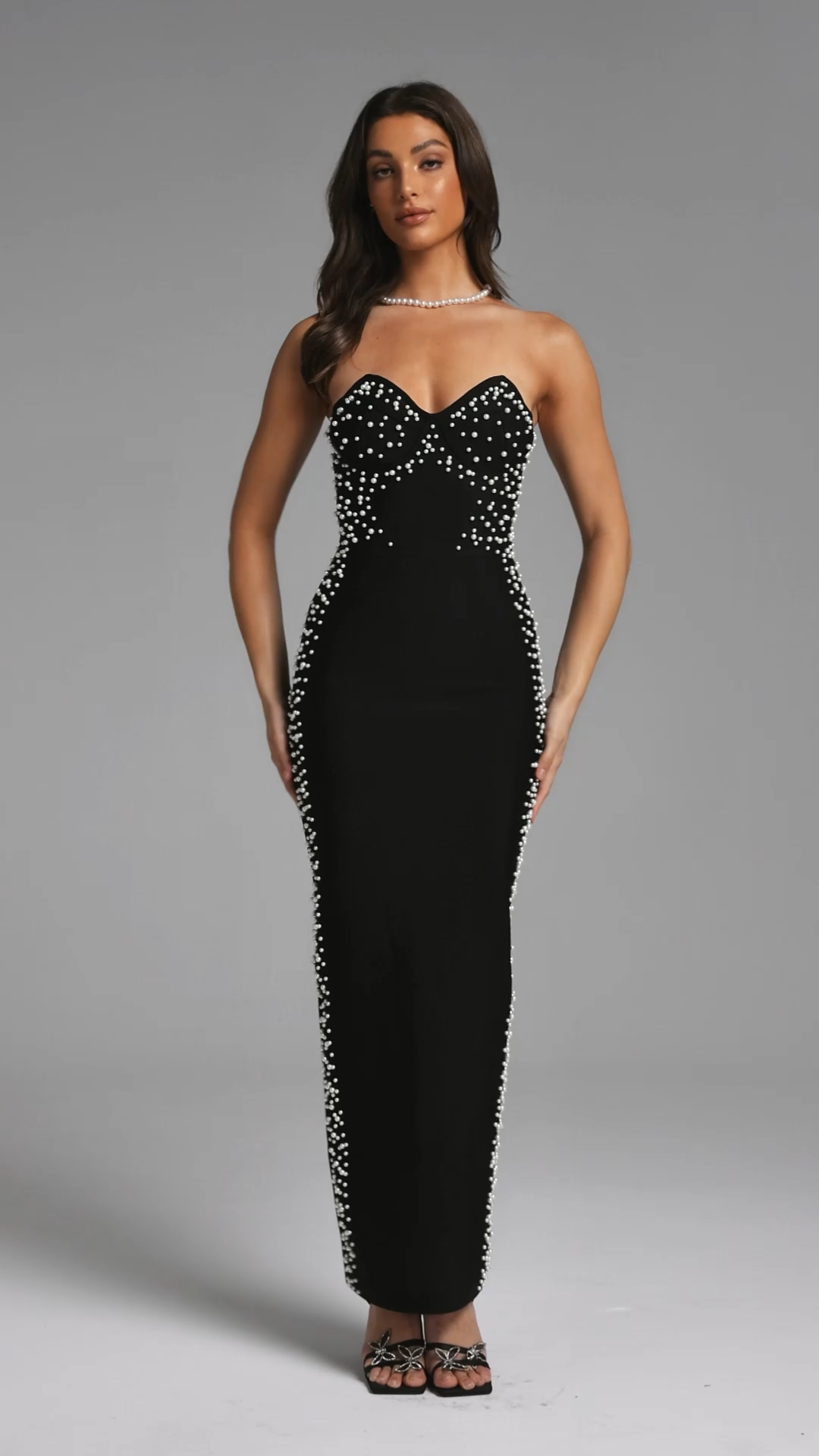 Nico Glamorous Contour Strapless Pearl Bandage Maxi Dress