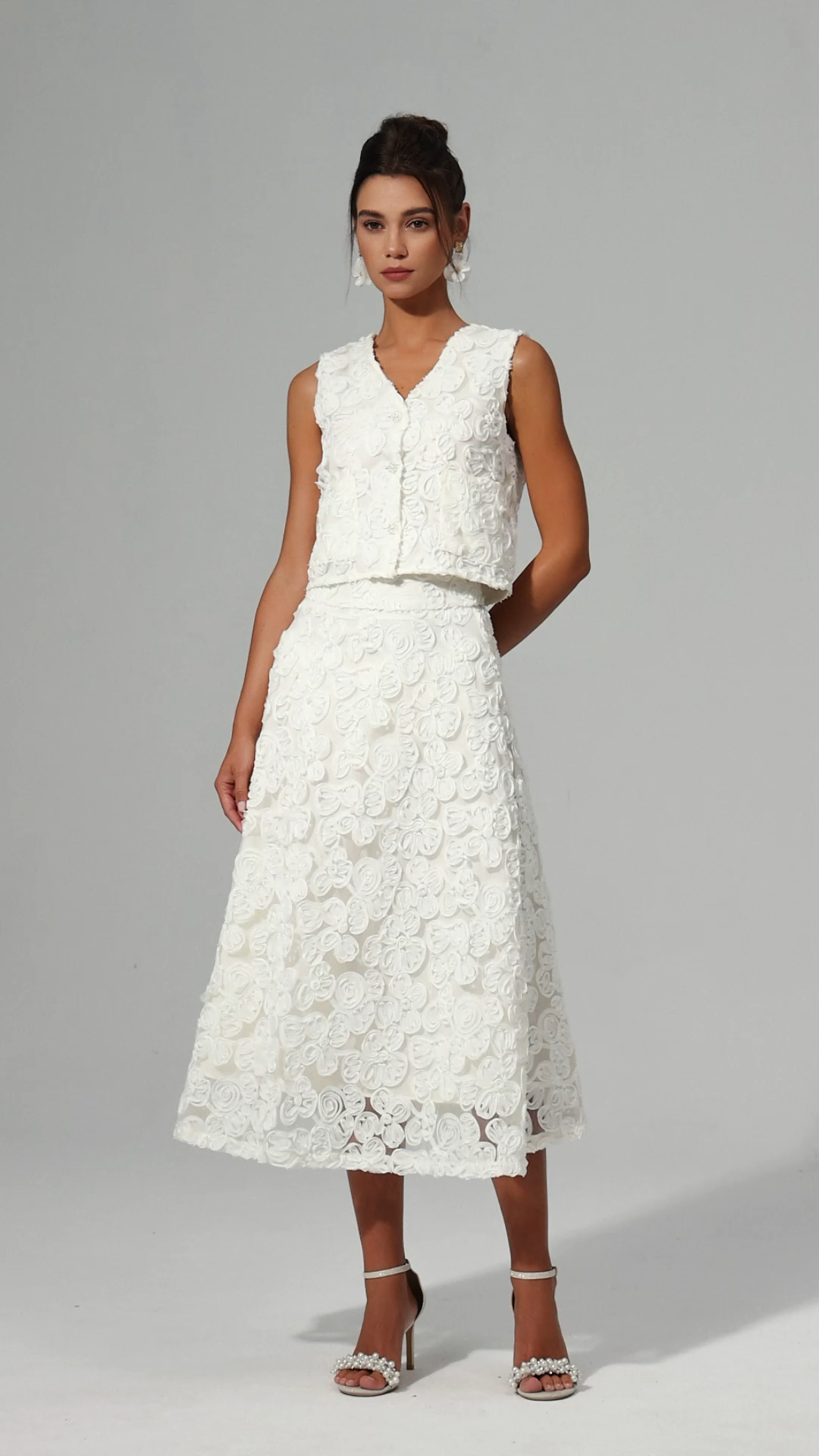 Johanne V-Neck Sleeveless Flowers Top And Skirt Two-Piece Set