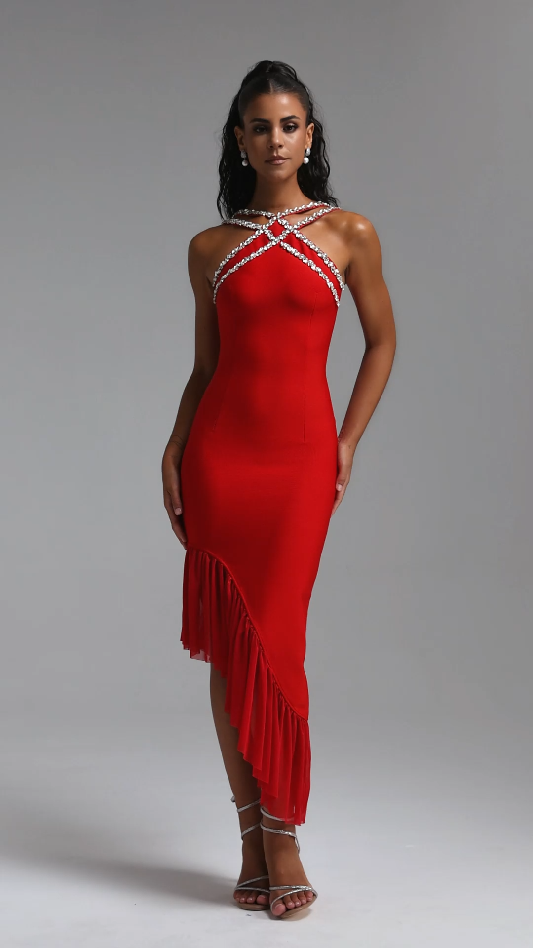 Nialla Sleeveless Diamond Flounce Bandage Red Maxi Dress