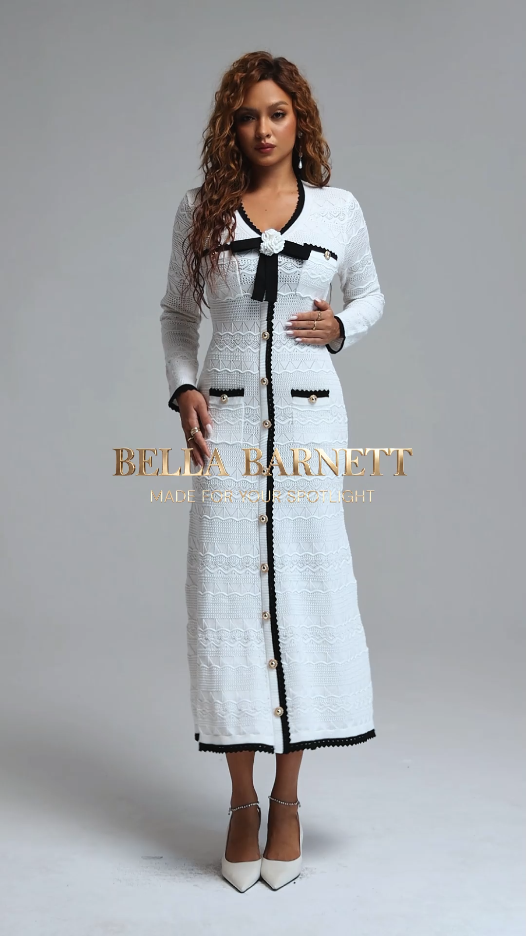 Tureal Elegant Contour V-Neck Long Sleeve Bow Knit Midi Dress