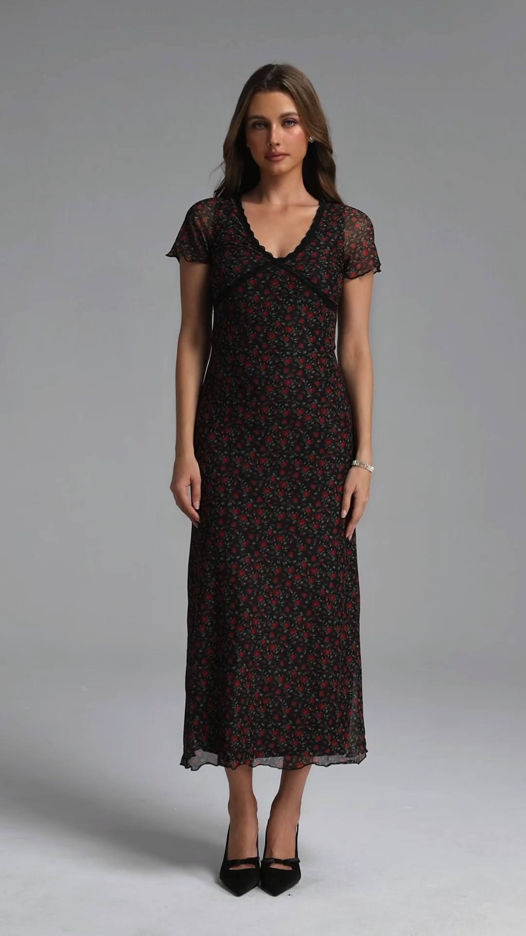 Sefa Elegant Cinched V Neck Short Sleeve Floral Print Chiffon Maxi Dress